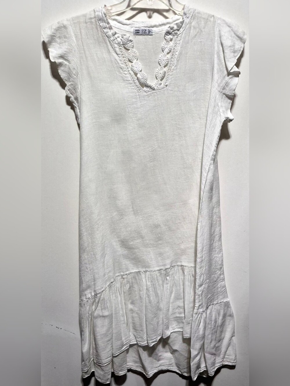 Women’s White Asymmetrical Linen Dress with Crochet V-Neck